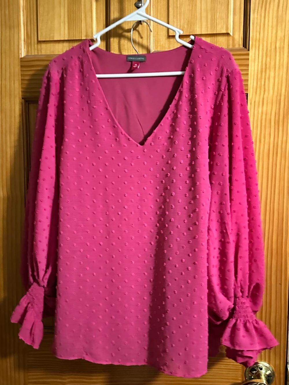 Vince Camuto Hot Pink Swiss Dot V-Neck Blouse